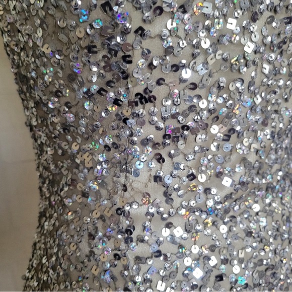 Scala Off the Shoulder Sequin Silver Silk Dress - Picture 12 of 12